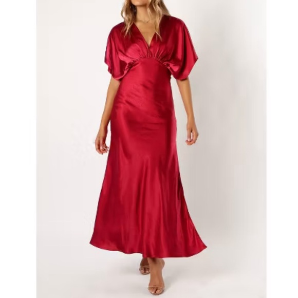 Petal and Pup Dress NWT Flawed Ricki Maxi Ruby Wine Small Satin Butterfly Sleeve - Picture 1 of 17